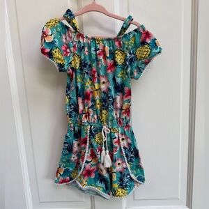 Real Love Toddler Girl Size 4 Floral Tropical Romper - Blue and Yellow